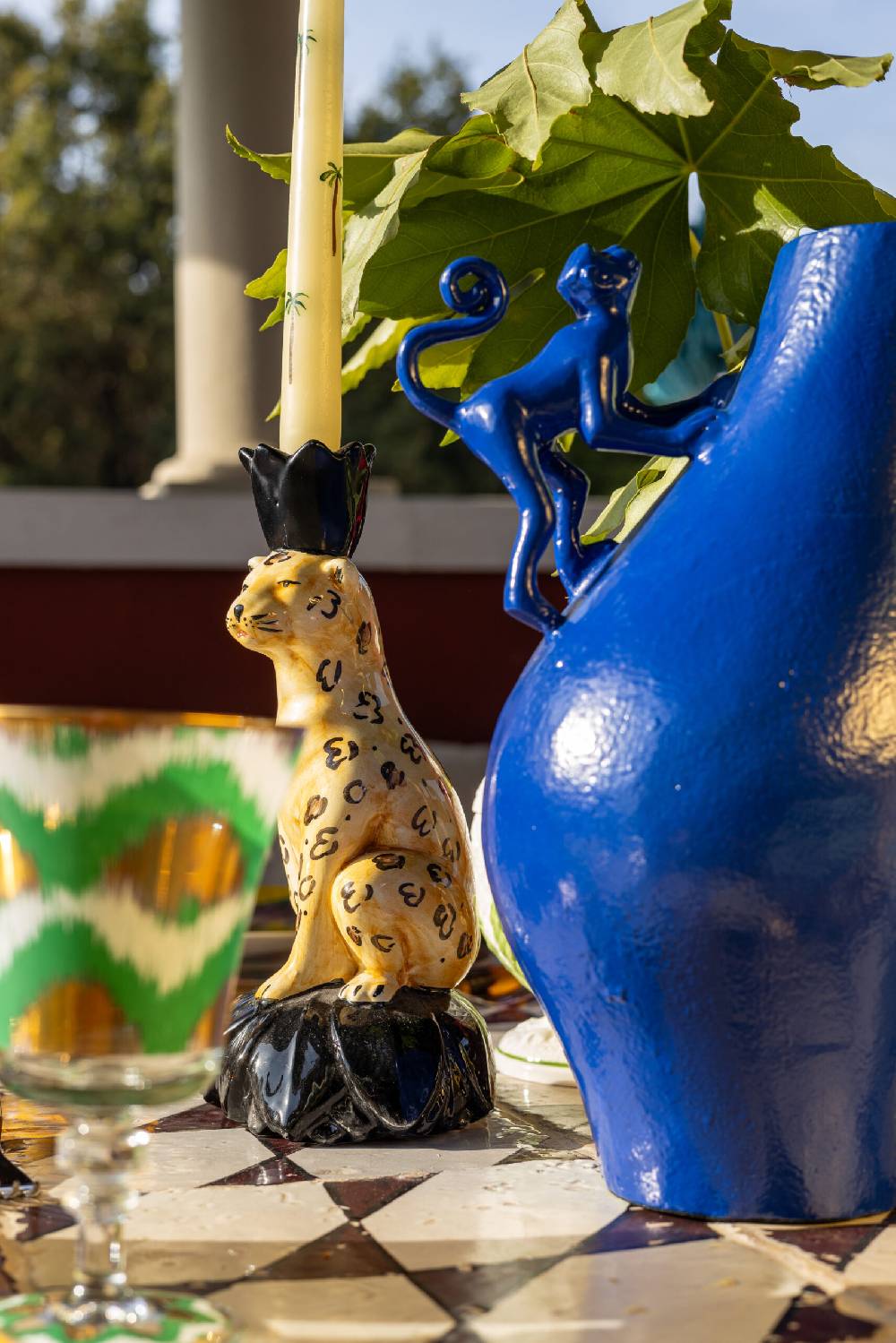 Les Ottomans Handpainted leopard ceramic candleholder MAR03 Nuovo