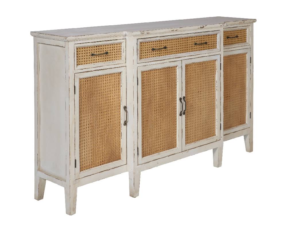 Novità Home Tonia - Credenza Bianco Antico - 3 Cassetti 4 Sportelli in Paglia Vienna Prezzo basso