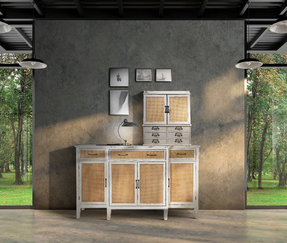 Novità Home Tonia - Credenza Bianco Antico - 3 Cassetti 4 Sportelli in Paglia Vienna Prezzo basso