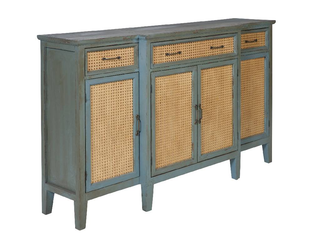 Novità Home Tonia - Credenza Verde Antico - 3 Cassetti 4 Sportelli in Paglia Vienna Rilascio limitato
