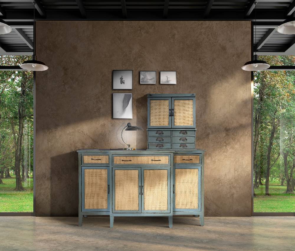 Novità Home Tonia - Credenza Verde Antico - 3 Cassetti 4 Sportelli in Paglia Vienna Rilascio limitato