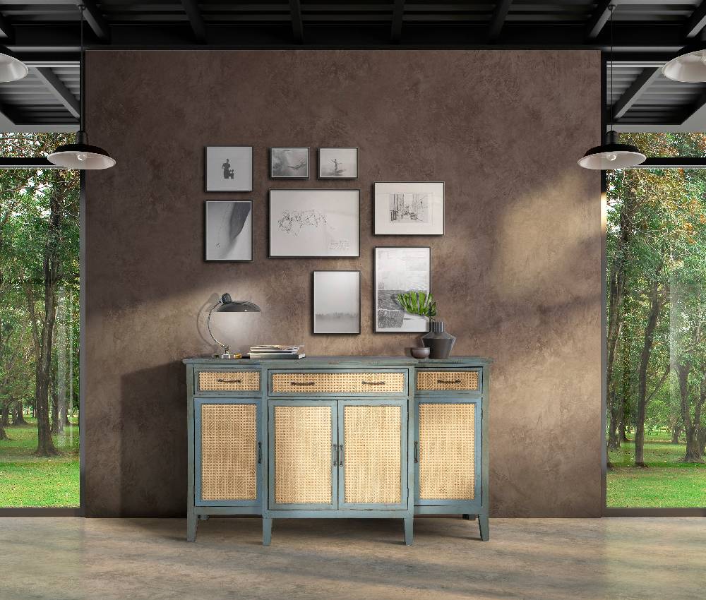 Novità Home Tonia - Credenza Verde Antico - 3 Cassetti 4 Sportelli in Paglia Vienna Rilascio limitato