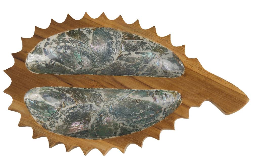 Novità Home Bartender - Ciotola Legno Sagoma Frutto Durian Con Abalone Ritorno libero