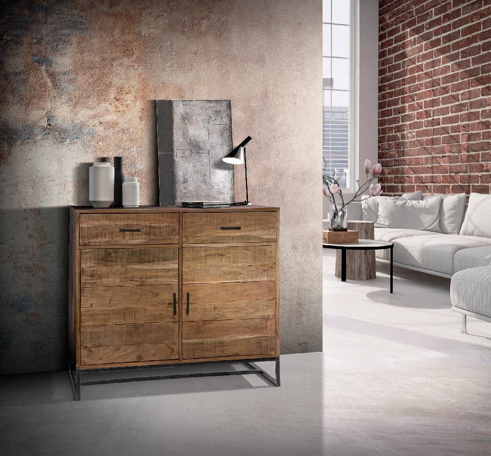 Novità Home Credenza alta 2 cassetti e sportelli in legno e metallo Smaltimento dello stoccaggio