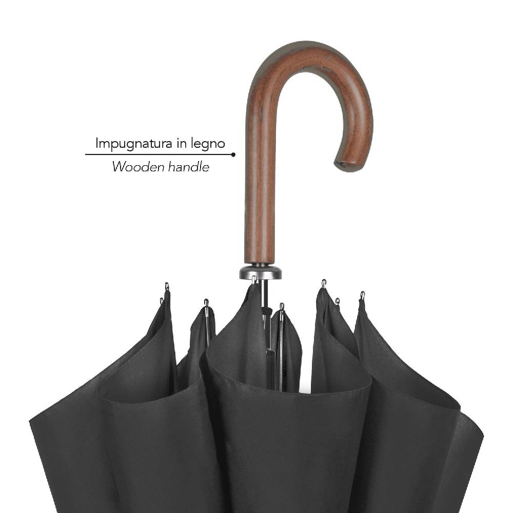 Perletti Ombrello Lungo Nero con Manico in Legno Presa