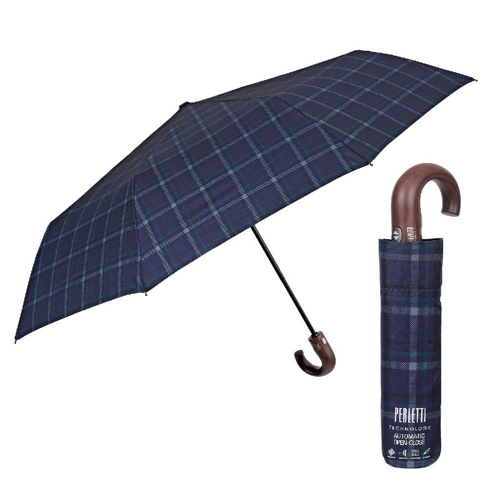 Perletti Ombrello Technology Apri e Chiudi Tartan con Manico Curvo Promozione