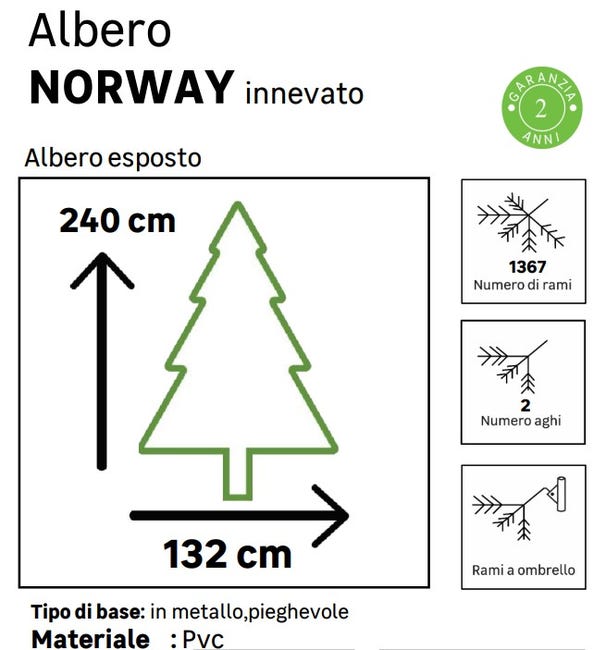 Leroymerlin Albero di Natale artificiale innevato Norway verde H 240 cm x Ø 132 cm Moda