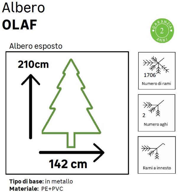 Leroymerlin Albero di Natale artificiale innevato Olaf verde H 210 cm x Ø 142 cm Pezzi Unici