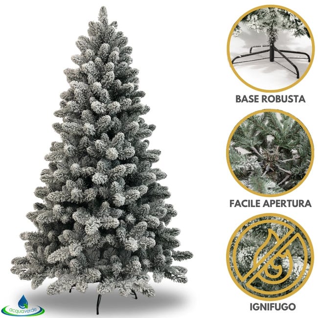 Leroymerlin Albero di Natale Innevato Acquaverde Folto e Realistico Rami con Apertura ad Ombrello Ignifugo In PVC Verde e Bianco con Base in Metallo 210 cm Prezzo Ridotto