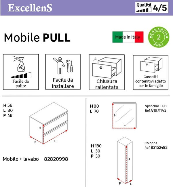 Leroymerlin Mobile sottolavabo e lavabo Pull bianco opaco in mdf L 80 x H 56 x P 46 cm 2 cassetti Vendita Economica