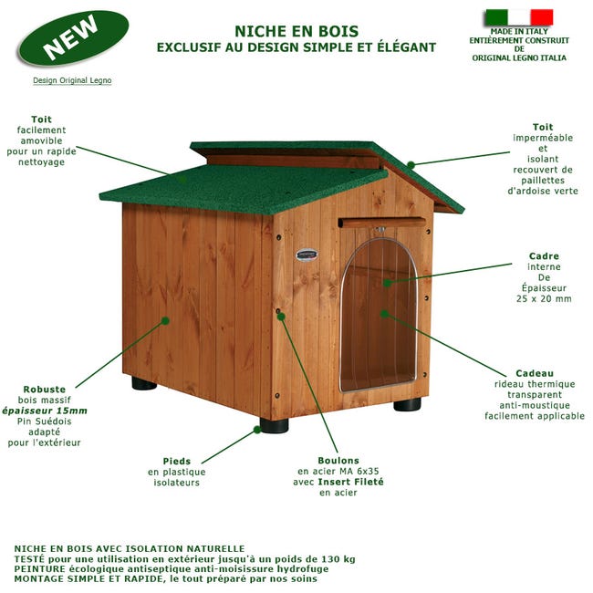 Leroymerlin Cuccia in Legno per Cani da Esterno Rinforzata con "TENDINA IN OMAGGIO" Mod. Alpi Taglia E – Alano 102x122xH108 Made in Italy Novità