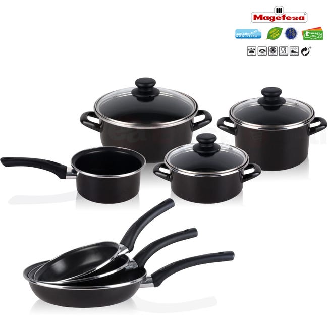 Leroymerlin Batteria da Cucina Induzione Set Pentole 7 Pezzi e 3 Padelle Coperchi in Vetro Magefesa Nero KENIA Online