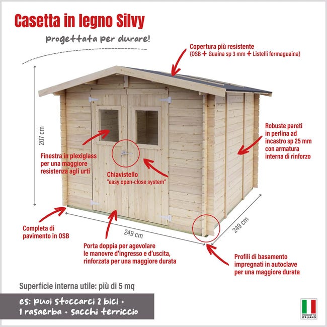 Leroymerlin Casetta da giardino in legno Silvy Bh25 249x249 cm Pefc Legno grezzo con porta doppio battente superficie totale 6.2 m² e spessore parete 25 mm Fino al 55% di sconto