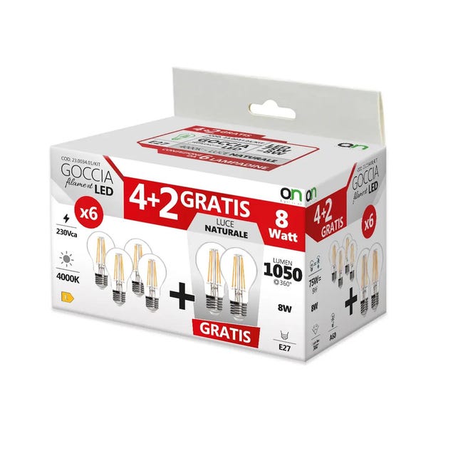 Leroymerlin Set da 6 lampadine Goccia Filament Led X6 LED filamento E27 goccia trasparente 8W= 360°