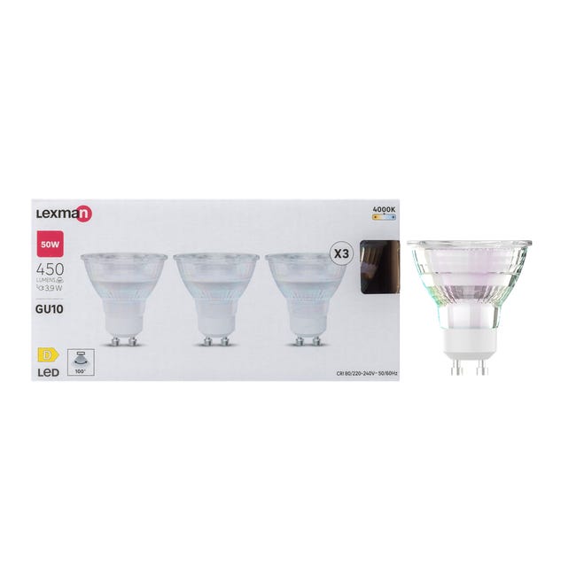 Leroymerlin Set da 3 lampadine LED GU10 faretto trasparente luce naturale 3.9W= 450LM (equiv 50 W) 100° LEXMAN Offerte
