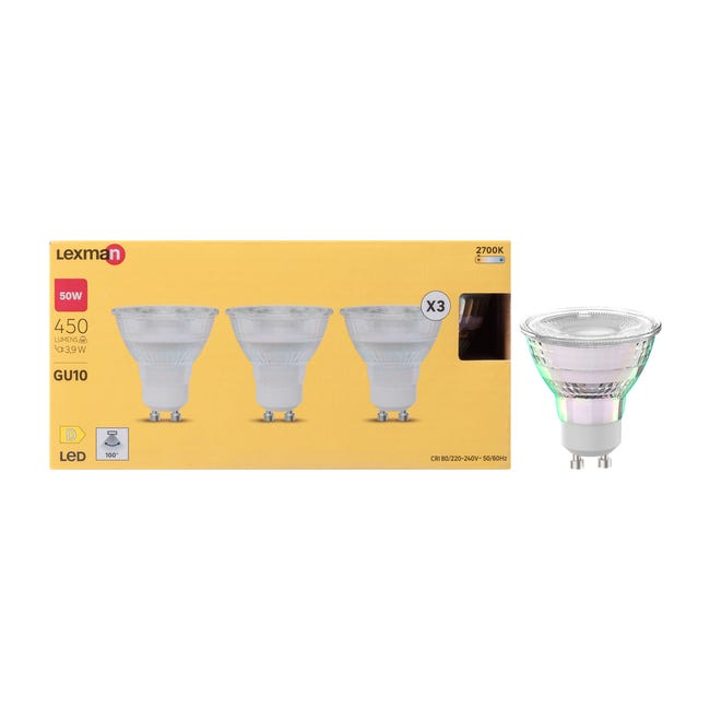 Leroymerlin Set da 3 lampadine LED GU10 faretto trasparente luce calda 3.9W= 450LM (equiv 50 W) 100° LEXMAN Vendita Calda