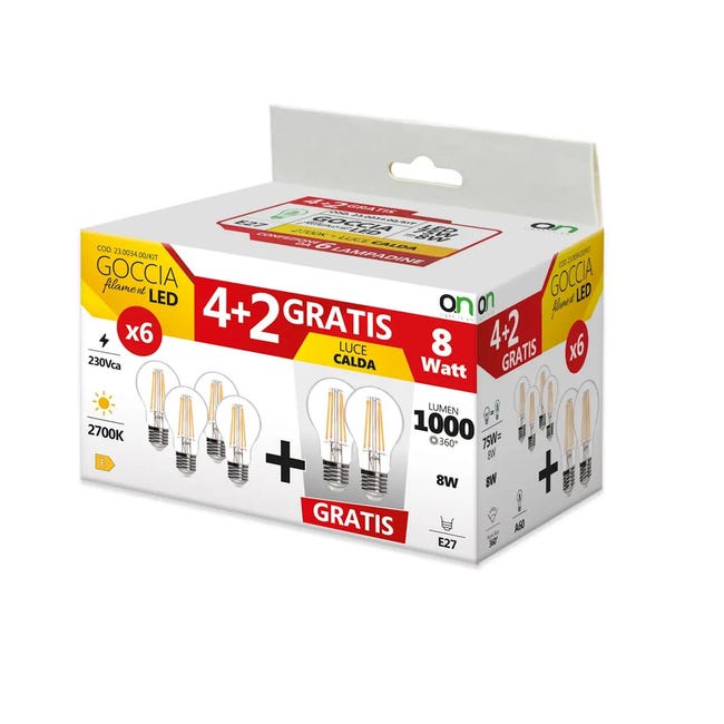 Leroymerlin Set da 6 lampadine Goccia Filament Led X6 LED filamento E27 goccia trasparente 8W= 360°