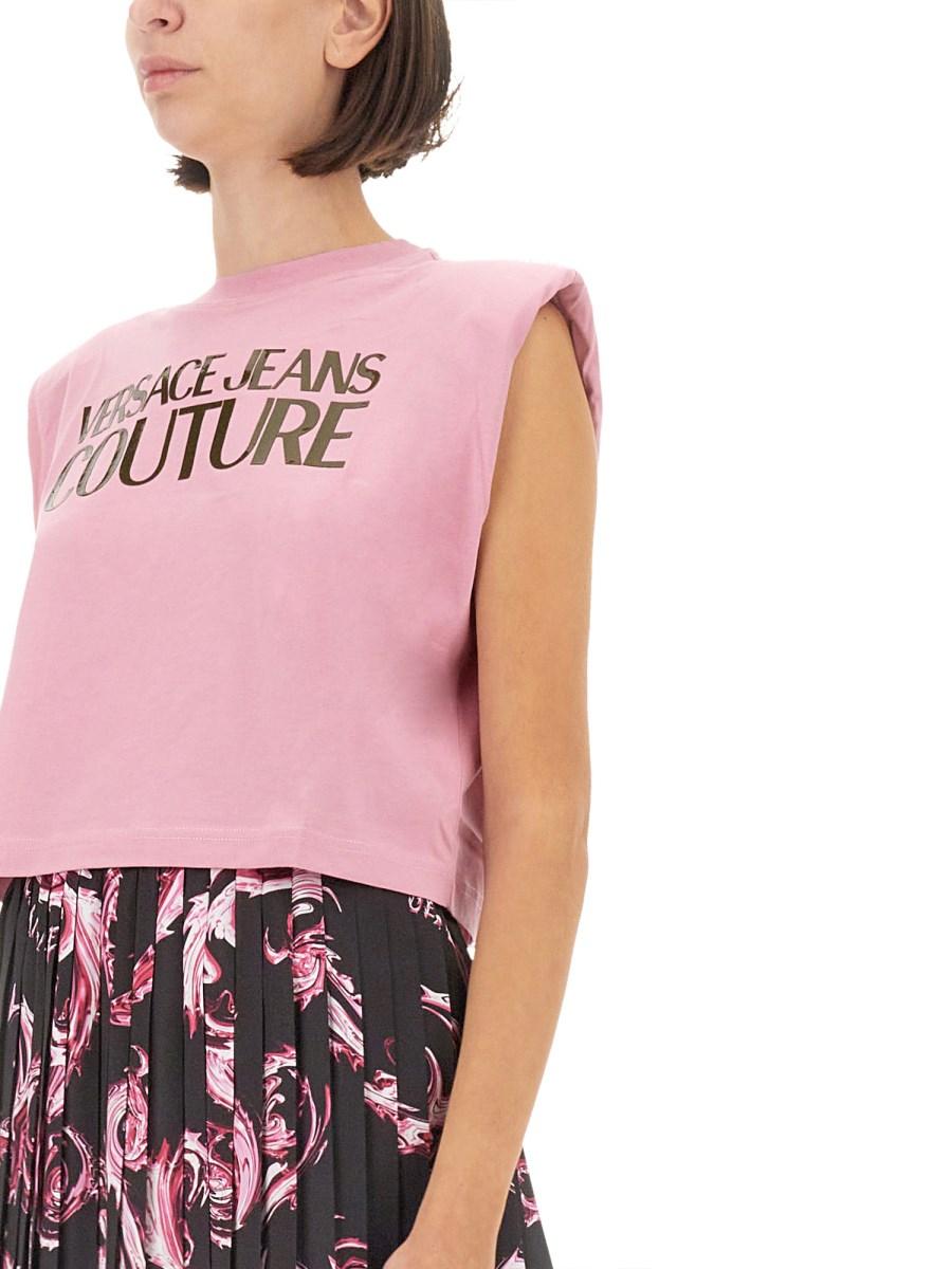 VERSACE JEANS COUTURE TOP IN JERSEY DI COTONE CON LOGO ACQUISTA ORA