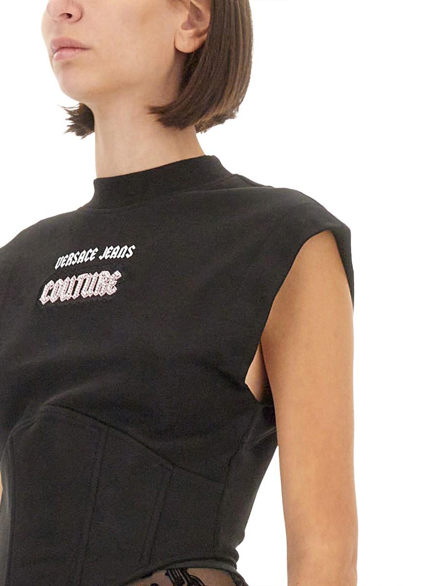VERSACE JEANS COUTURE TOP IN JERSEY DI COTONE CON LOGO Ultimi due giorni